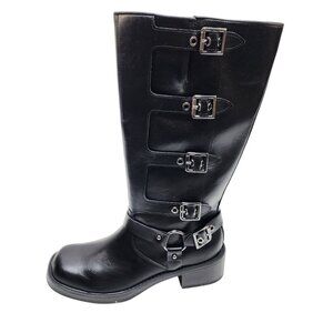Wild Table Black Leather Knee-High Boot Side Buckles Zipper Closure Women SZ 10